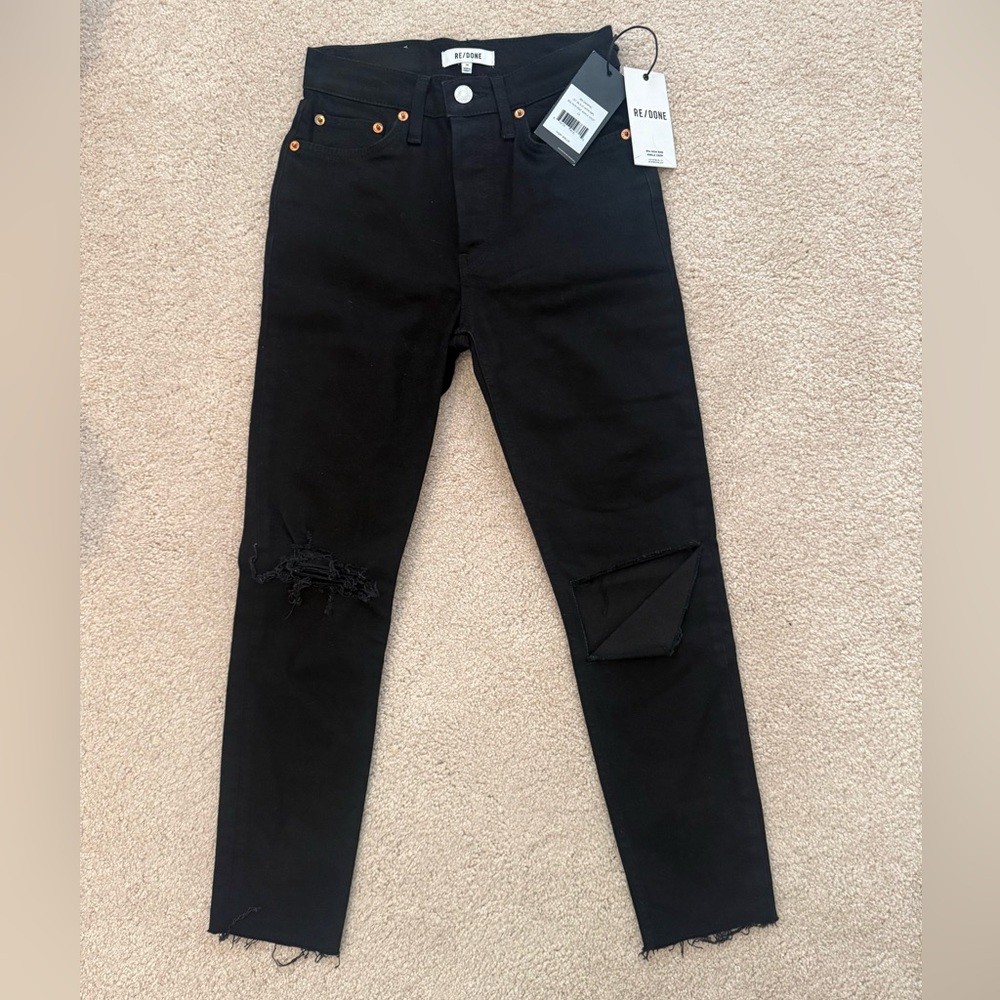RE/DONE 90s High Rise Ankle Crop Jeans – Jet Black with Rips – Size 24 – NWT